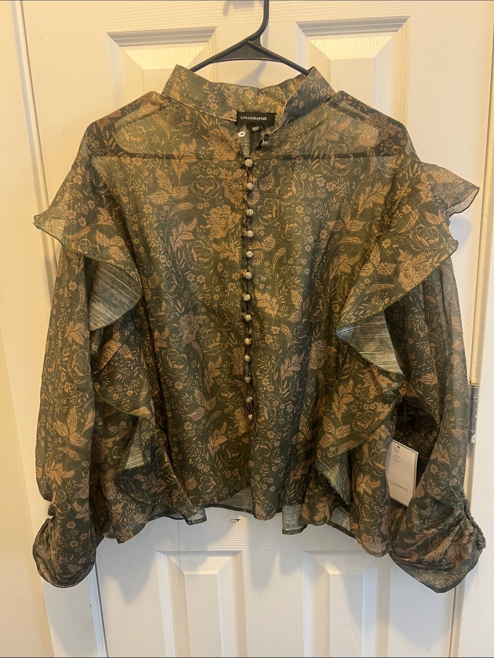 Calligraphie Olive Floral Ruffle Button-Front Blouse